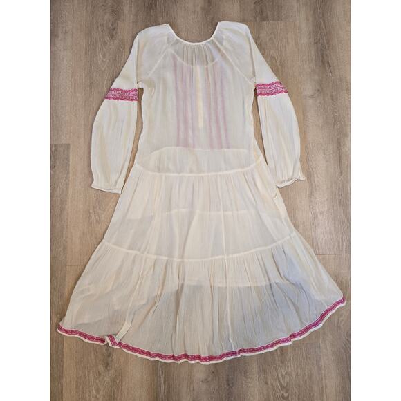 Free People Embroidered Peasant Hi-Low Dress Ivory Pink Boho Style Sz M - Picture 2 of 3